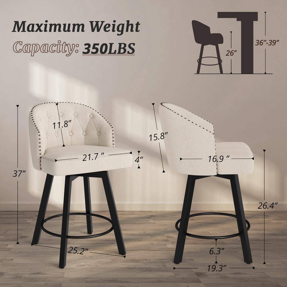 Linen Upholstered Swivel Counter Stools with Metal Legs, Set of 2