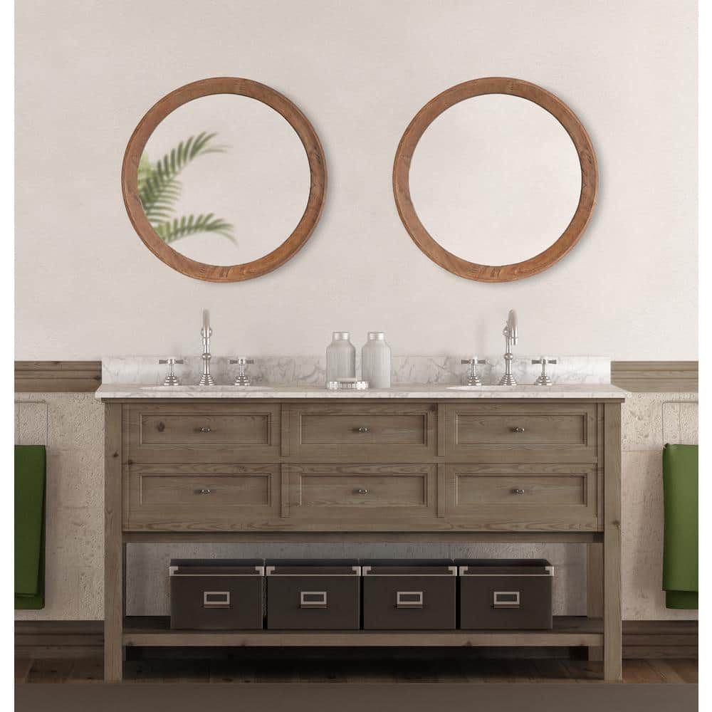 24-Inch Round Brown Wood Framed Vanity Mirror