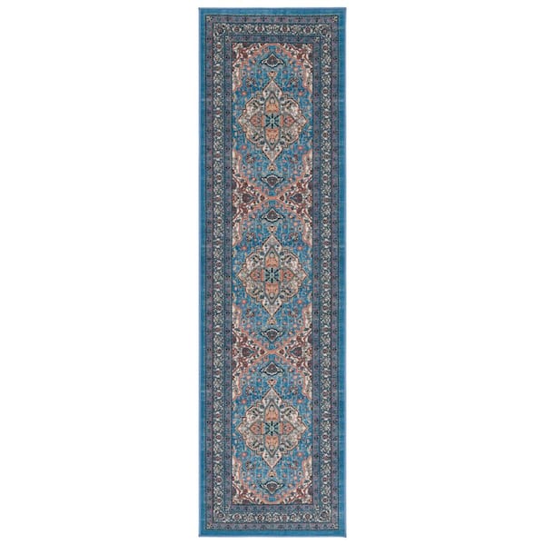 Journey Blue/Ivory 2 ft. x 8 ft. Machine Washable Medallion Ornate Runner Rug