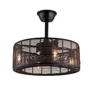 18.5 in. Indoor Black Retro Industrial Style Caged Brown Hemp Rope Lampshade Ceiling Fan with Light Kit and Remote