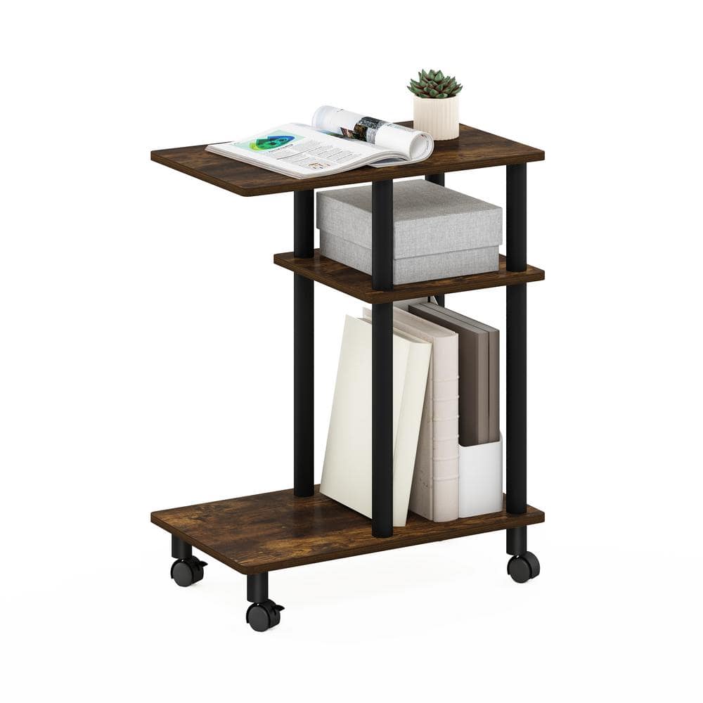 Amber Pine & Black Engineered Wood U-Shaped Side Table on Casters