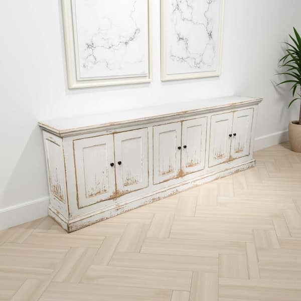 Miy Antique White Wood 106 in. Sideboard Buffet Cabinet with Shelves