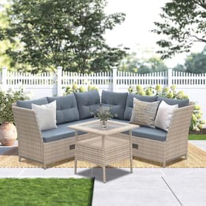 4-Piece Natural PE Wicker Outdoor Sectional Sofa Adjustable Side Backs with Gray Cushion