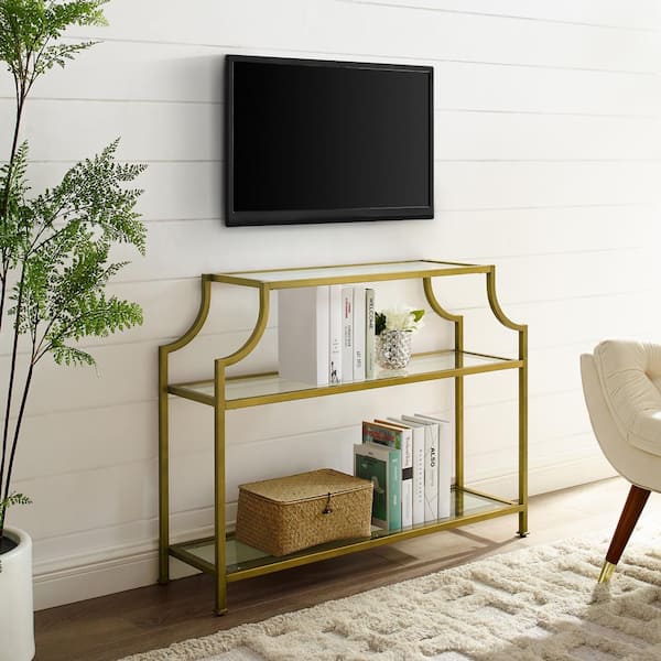 CROSLEY FURNITURE Aimee 43 in. Gold Standard Rectangle Glass Console Table with Storage