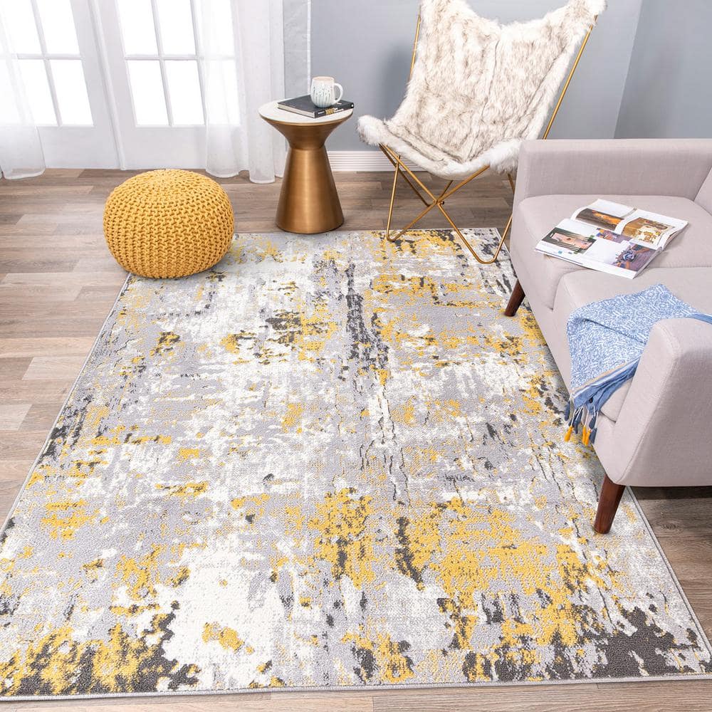 Yellow and Gray Abstract 5' x 7' Synthetic Area Rug