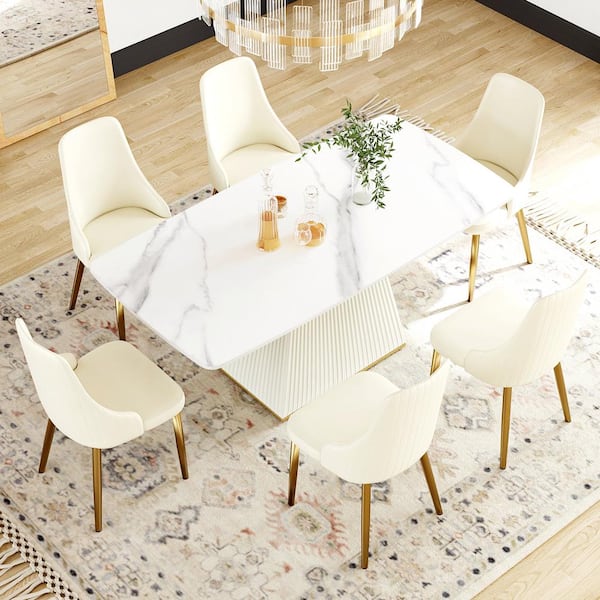 J&E Home 78.7 in. White Sintered Stone Tabletop Dining Room Table