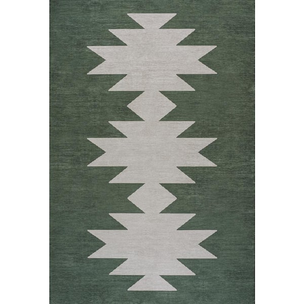 Chayton Minimalist Geometric Machine-Washable Dark Green/Light Gray 8 ft. x 10 ft. Area Rug