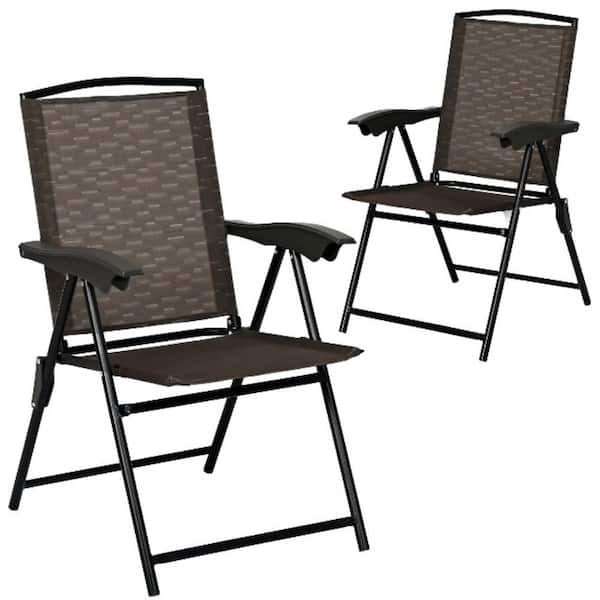 Alpulon Black Folding Metal Outdoor Dining Chair in Brown Seat (2-Pack)