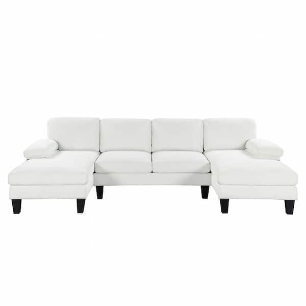 wetiny 112 in. Pillow Top Arm Velvet U-Shaped Sofa in Beige