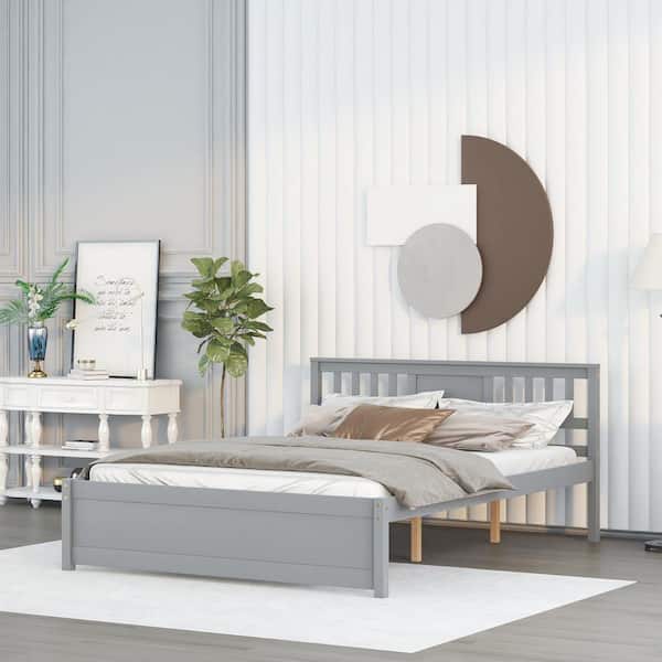 GODEER Gray Wood Frame Queen Modern Design Platform Bed Frame with Headboard