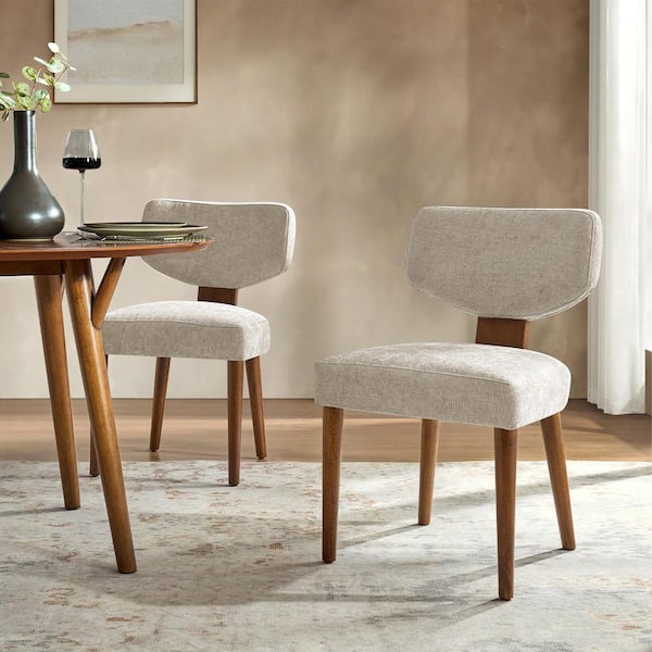 Lydia Beige Polyester Dining Chair with Solid Wood Legs and Curved Backrest