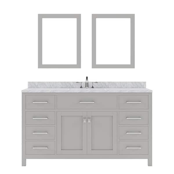 Virtu USA Caroline 60 in. W Bath Vanity in Gray with Italian Carrara White Marble Vanity Top with White Basin and Mirror