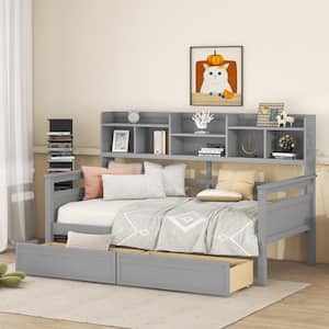 Gray Twin Size Wood Daybed with Bedside Shelves and 2-Drawers