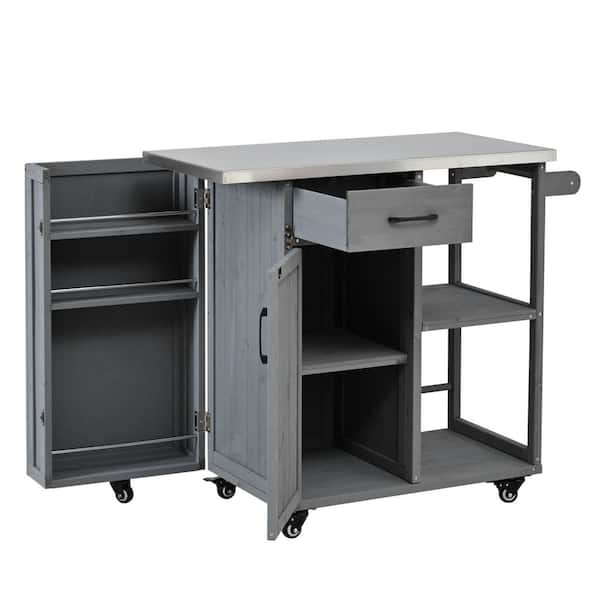 Ximuprmy Grey Steel 40.5 in. Kitchen Island with Hidden Spice