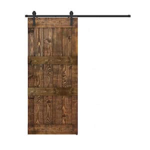 Double Mid-Bar 28 in. x 84 in. Dark Brown Finished Pine Wood Sliding Barn Door with Hardware Kit