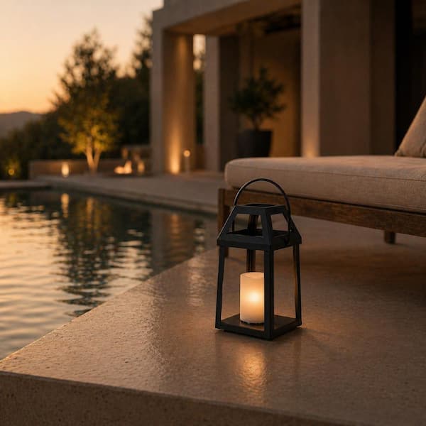 ALOA DECOR H13” Solar Outdoor Lantern with Flickering Candle Metal Solar Lantern with Handle, Waterproof Patio Table for Garden