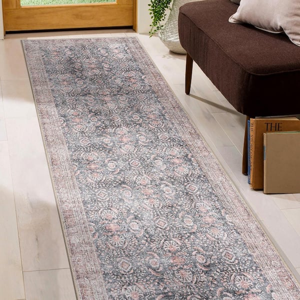Vintage Inspired Machine Washable Non Slip Charcoal 2'6" x 12' Runner Rug