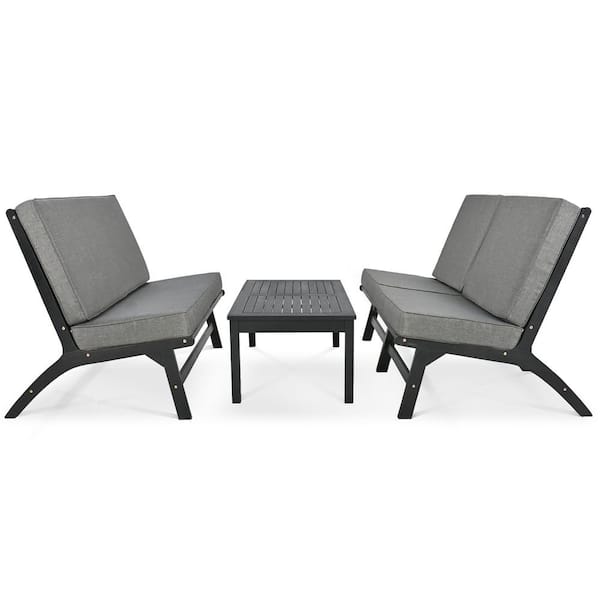 Zeus & Ruta 4-Piece V-shaped Seats Set, Black Acacia Solid Wood Patio Conversation Set with Gray Cushions for Garden, Backyard