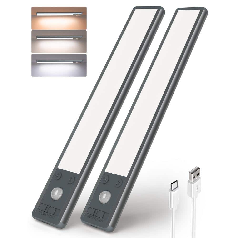 9.86 in. 2-Pack Battery Operated Wireless USB Charging Black Integrated LED Linkable Under Cabinet Light, Closet Light