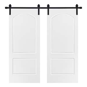 Modern TWO PANEL ROMAN Designed 48 in. x 84 in. MDF Panel White Painted Double Sliding Barn Door with Hardware Kit