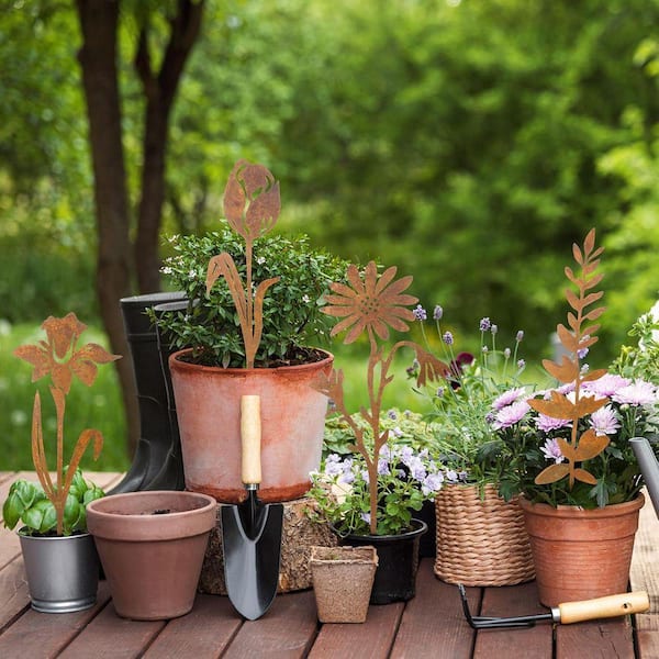 Rusty Flower and Plant Rusty Metal Garden Stakes Yard Decorative Stakes-10-Pack  ALVQ7WQ - The Home Depot