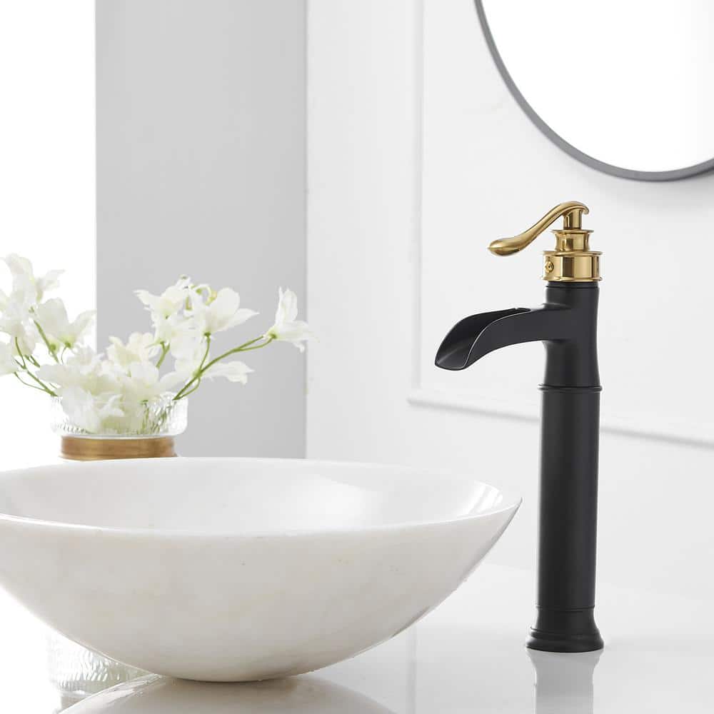 Gold and Matte Black Waterfall Vessel Sink Faucet with Lever Handle