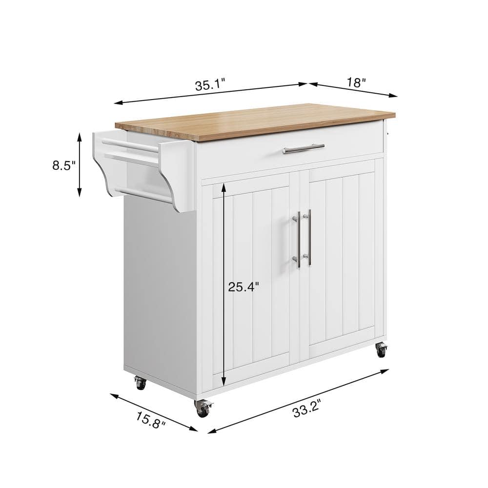 White and Natural Wood Rolling Kitchen Island with Storage Cabinet