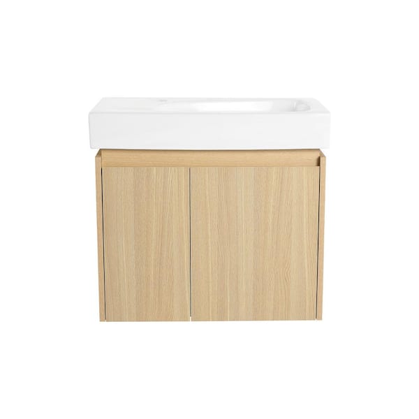 Boosicavelly 24 in. W Single Sink Wall-Mounted Bath Vanity in Oak with White Resin Top