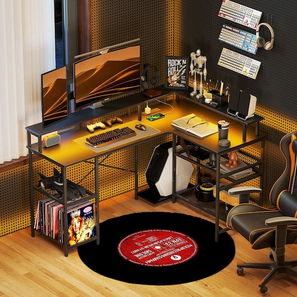 HOMCOM 59.1 in. Black L Shaped Computer Desk with Monitor Shelves, Charging Station, Shelves and LED Lights