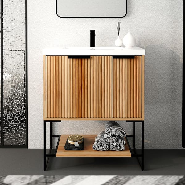 Staykiwi 30 in. W x 18 in. D x 35 in. H Freestanding Bath Vanity Set in Maple with Resin Vanity Top and White Basin