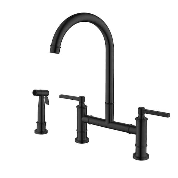 Double Handle Transitional Bridge Kitchen Faucet with Pull-out Side Sprayer in Matte Black
