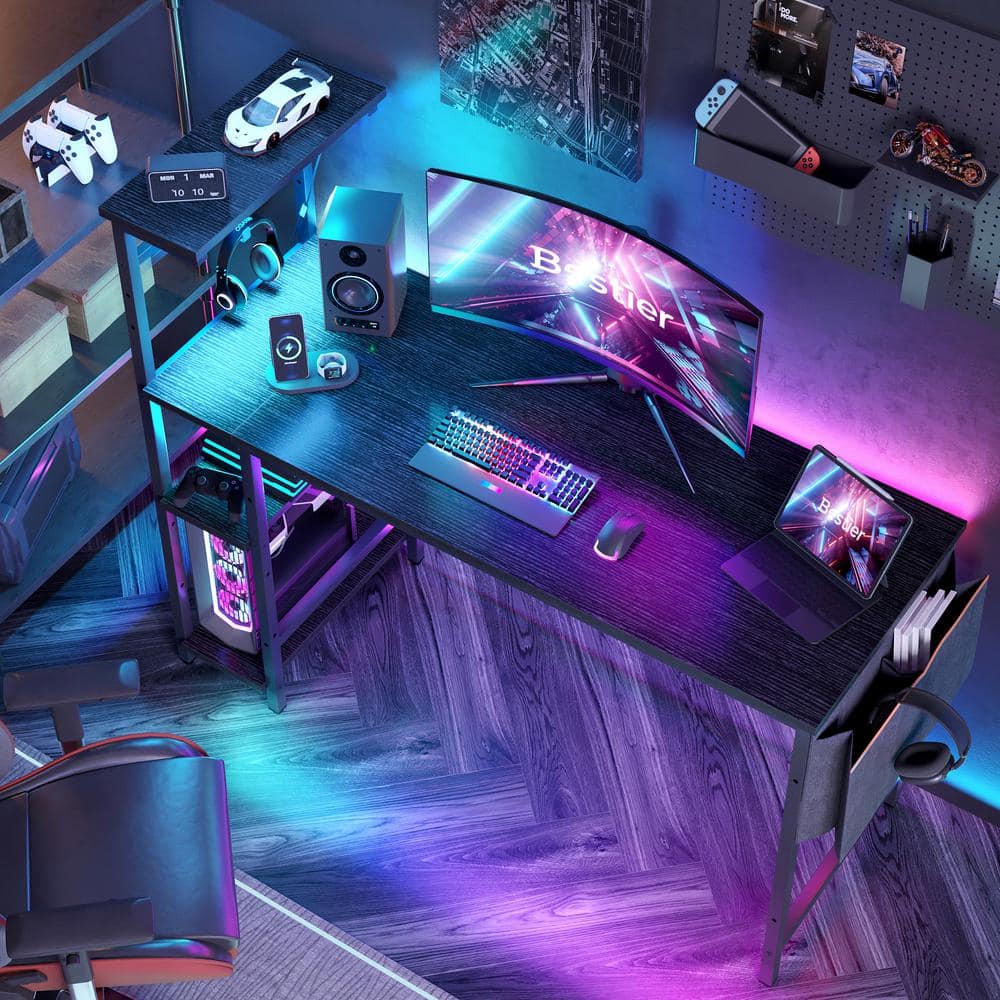 Black 52-Inch Wood Gaming Computer Desk with LED Lights and Shelves