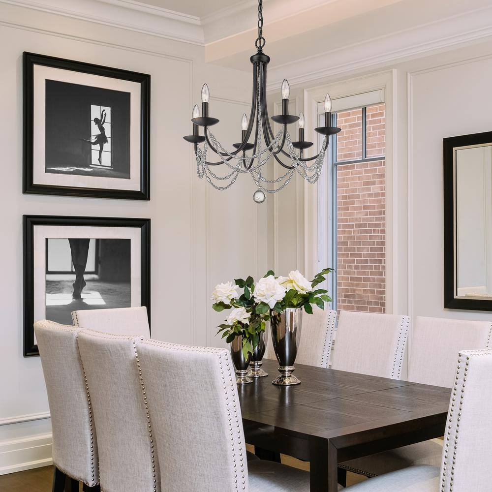 Elegant Matte Black 6-Light Chandelier with Crystal Glass Beads