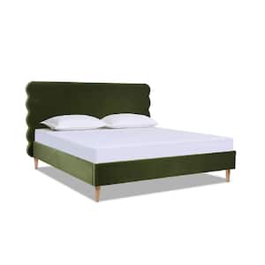 Stockholm Olive Green Birch Wood Frame King Modern Wavy Upholstered Headboard Platform Bed