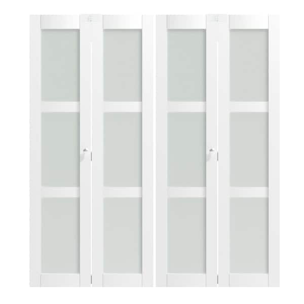72 in. x 80 in. 3 Lite Frosted Glass Solid Core White PVC CoveringMDF. Wood Bi-fold Doors with Lock, Handles