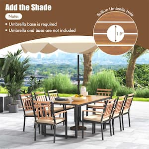 9-Piece Metal Outdoor Dining Set with Beige Cushions and 1.9 in. Umbrella Hole