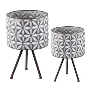 Large Gray and White Iron Round Planters on Stands (Set of 2)