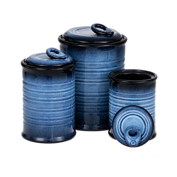 Set of 3 Ceramic Kitchen Canister Jars with Airtight Lids Blue and Black Food Storage Containers