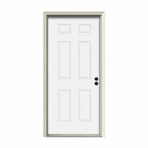 34 in. x 80 in. 6-Panel White Painted Steel Prehung Left-Hand Inswing Front Door w/Brickmould
