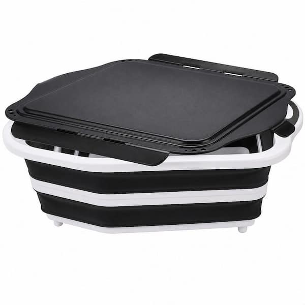 Foldable Camping Sink, Colander, Cutting Board, Dish Basin - Black Collapsible BBQ Prep Tub with Lid