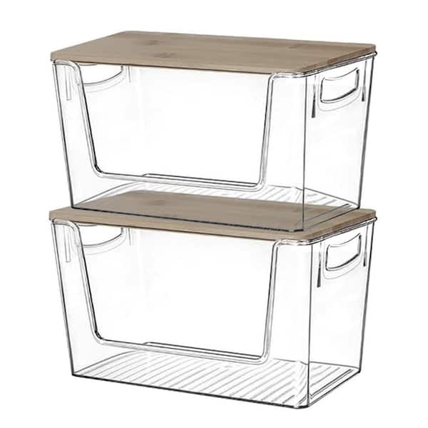 Clear 11.22 in. x 7.12 in. Acrylic Stackable Pantry Organizer with Bamboo Top, Set of 2