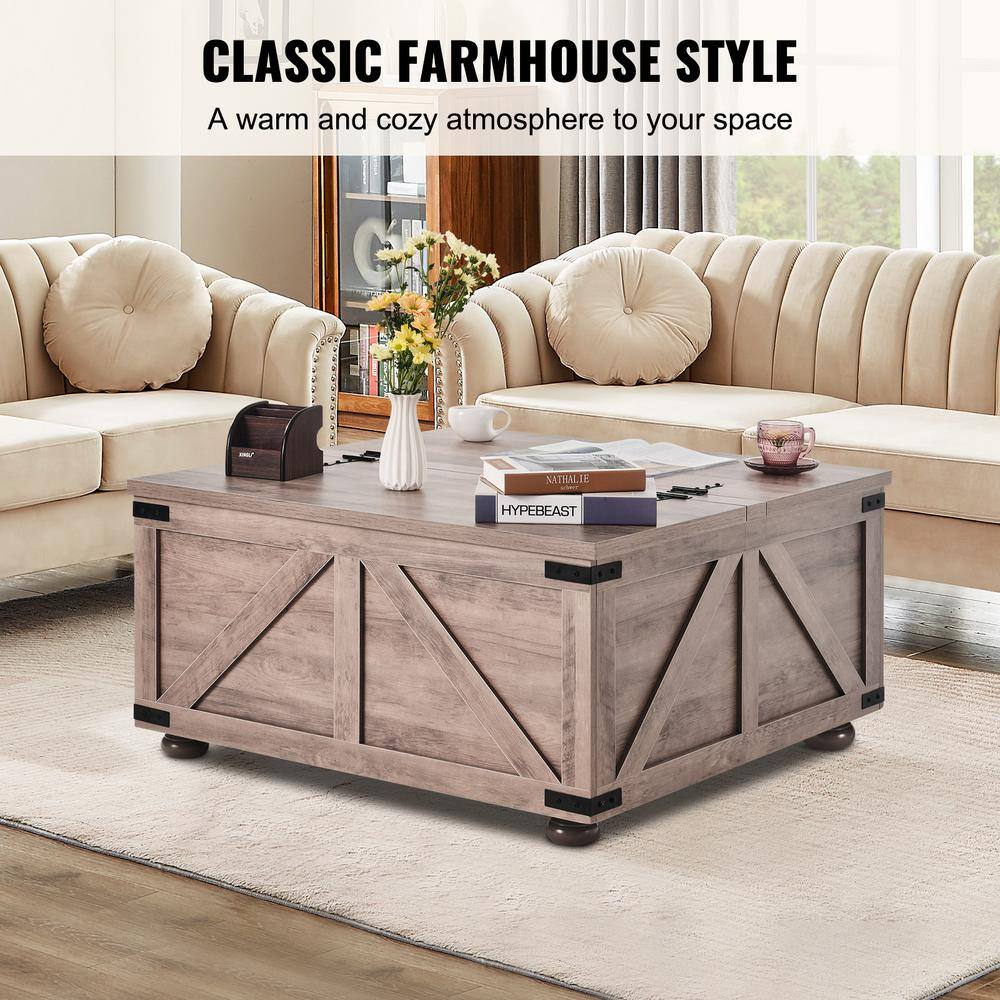 Gray-Brown Wood Square Lift-Top Coffee Table with Storage