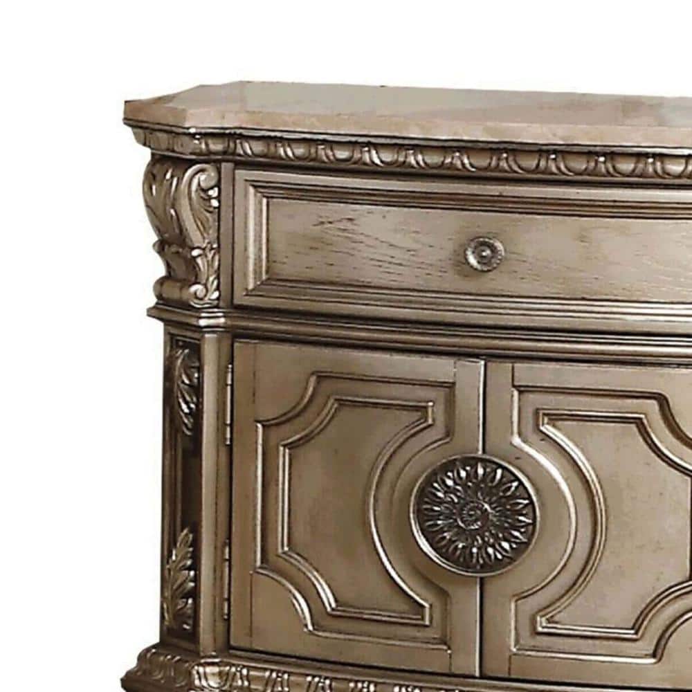 Antique Silver Elegance 30" Nightstand with Drawer and Carved Details