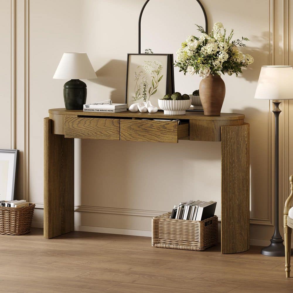 Polibi 55.10 in Natural Oval MDF Wood Console Table with 2 Drawers and ...