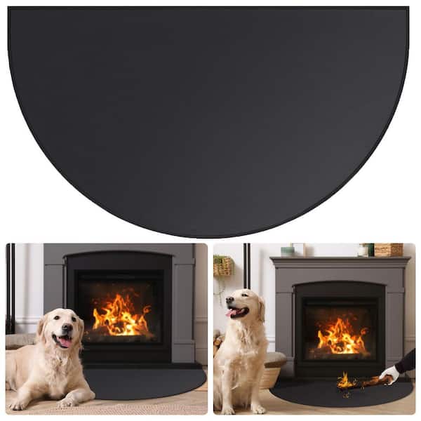 3.5 ft. x 2 ft. Black Half Round Hearth Rug, Fireproof Fireplace Mat Protects Floors from Sparks Embers