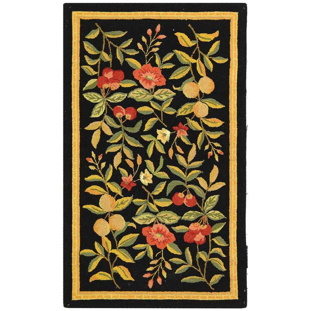 Handmade Black Floral Wool Rectangular Rug
