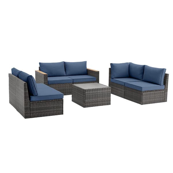 Sudzendf Gray 7-Piece Wicker Patio Conversation Set, Outdoor Sofa Set with Blue Cushions