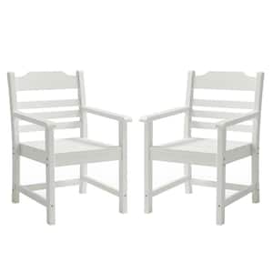 Pure White Patio Dining Chair with Armrest Imitation Wood Grain Texture, HIPS Material, Set of 2