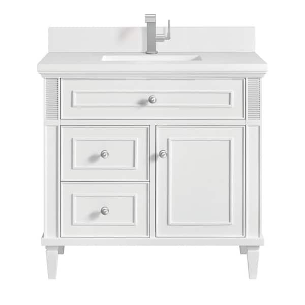 James Martin Vanities Lorelai 36.0 in. W x 23.5 in. D x 34.06 in. H Single Sink Bathroom Vanity in Bright White with White Zeus Quartz Top