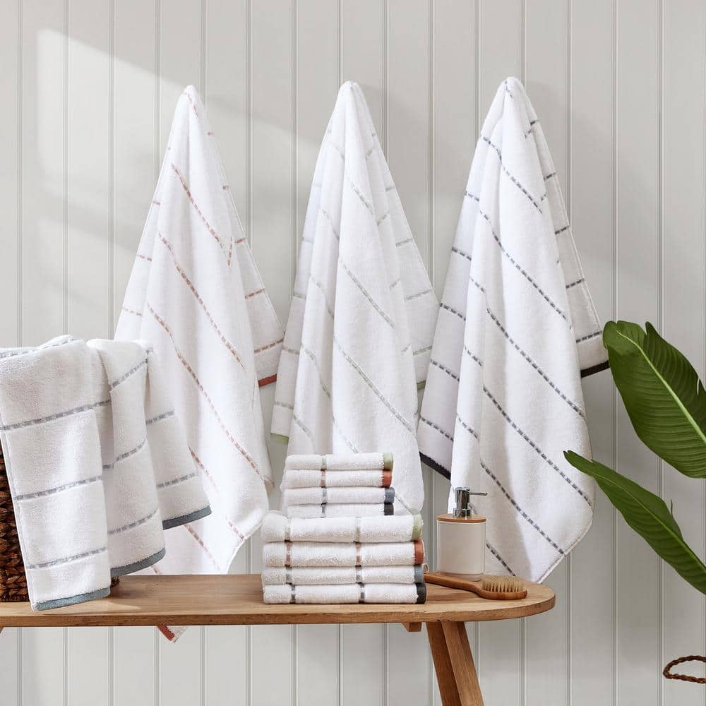 White and Blue Cotton 3-Piece Towel Set with Edge Embellishment